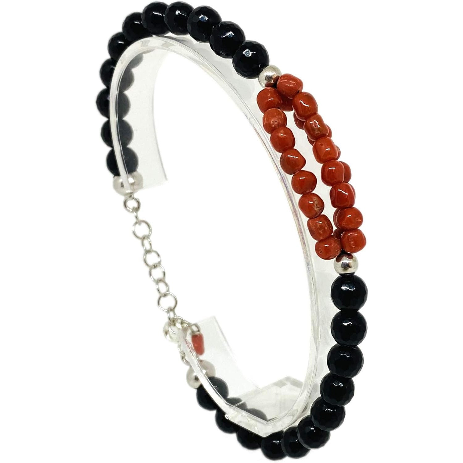 Handcrafted Mediterranean Red Coral Black Onyx Bracelet with Silver Closure